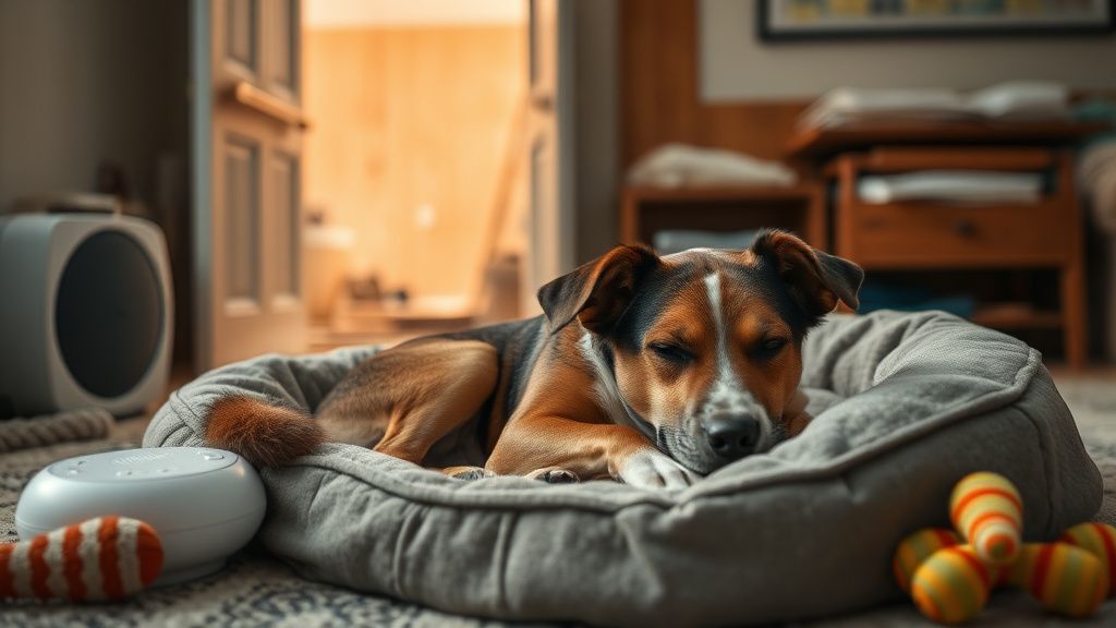 A dog relaxing calmly on its bed in a quiet, cozy room, with a white noise machi