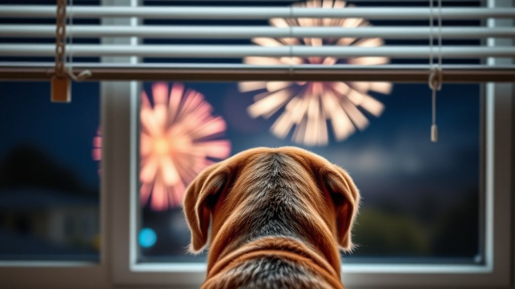 A dog, seen from behind, peeking cautiously through a window blind at a distant,