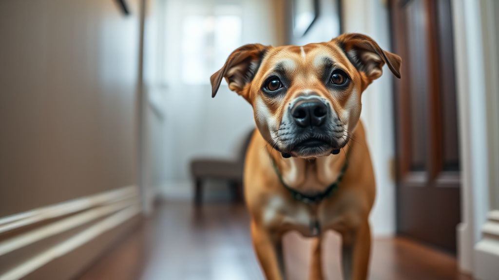 A dog showing clear signs of anxiety, such as pacing with a worried expression, 