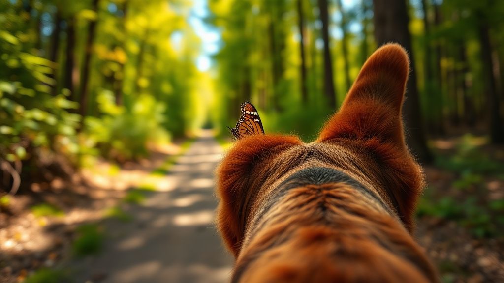 A dog's-eye-view photo looking out into a vibrant, sun-dappled forest path, with
