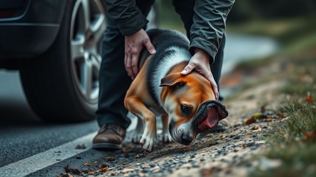 A dramatic, action-focused photo of a person carefully lifting an injured dog fr