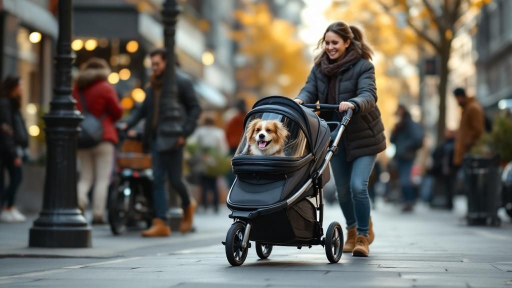 A dynamic action shot of a person smoothly navigating a three-wheel dog stroller