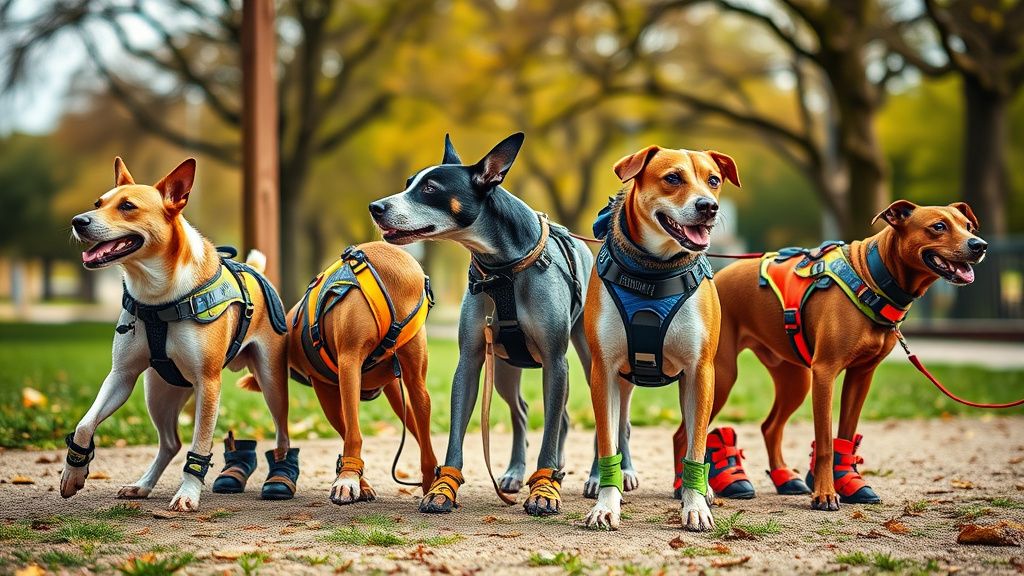 A dynamic photo of a park with dogs wearing various sleek, modern harnesses, hig