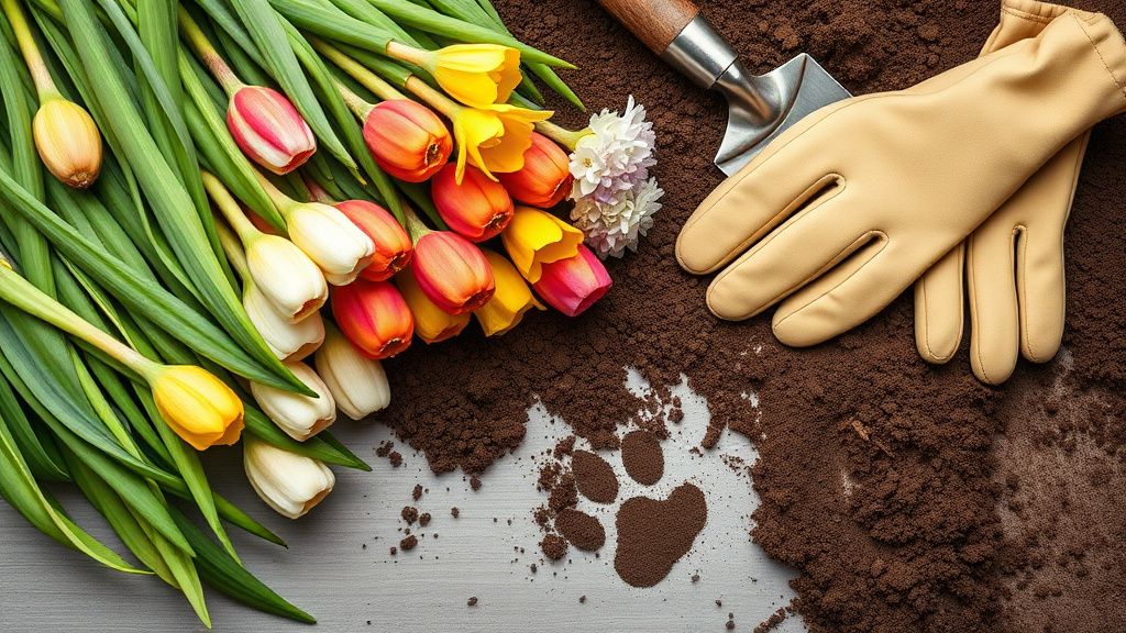 A flat-lay image showing a collection of tulip, daffodil, and hyacinth bulbs nex