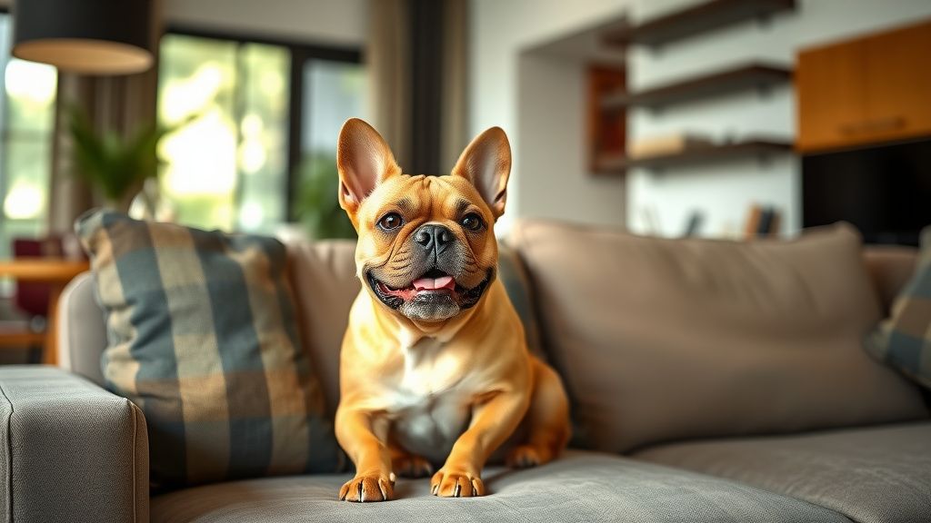 A French Bulldog sitting contentedly on a sofa in a modern apartment, looking al
