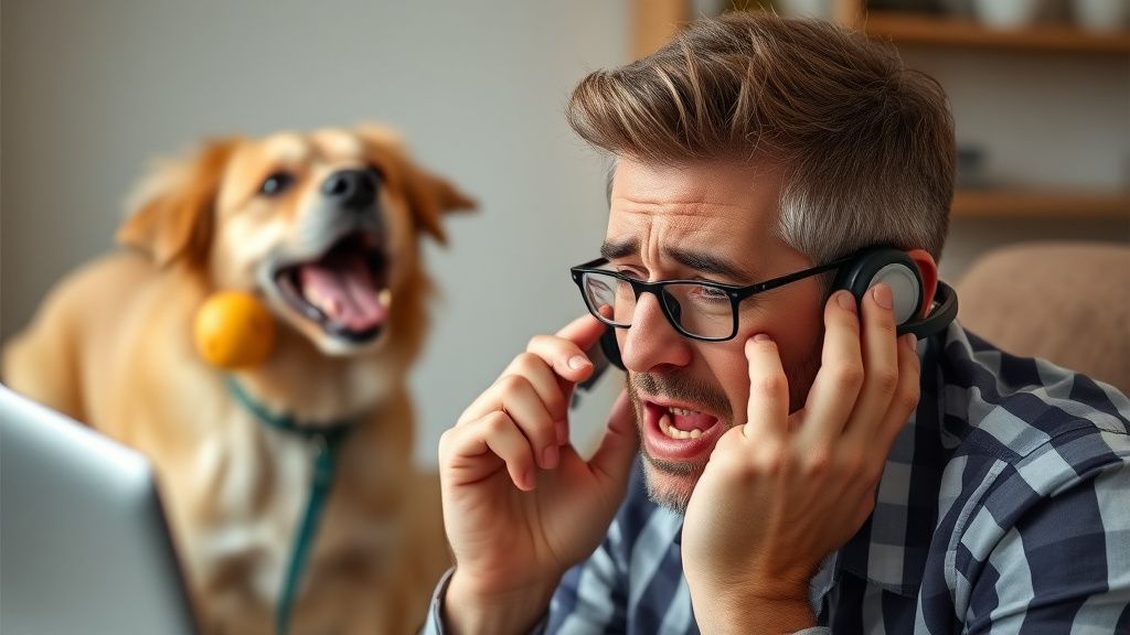 A frustrated person on a video call while a dog barks or plays with a squeaky to