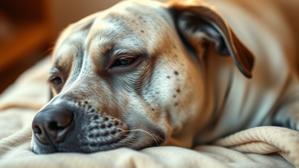 A gentle, close-up side portrait of an older dog with a gray muzzle, resting its