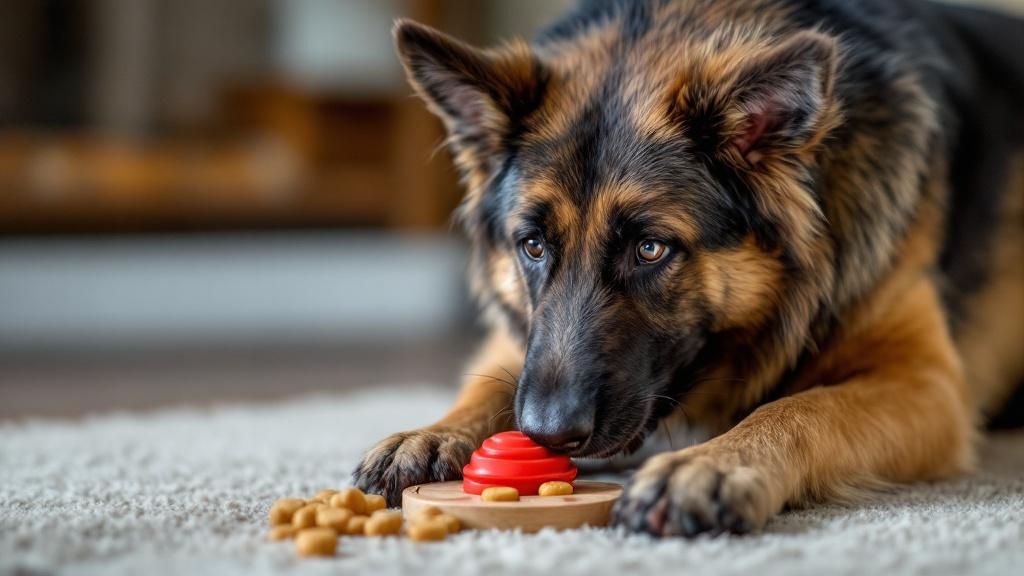 A German Shepherd engaged in solving a puzzle toy, like a KONG stuffed with trea