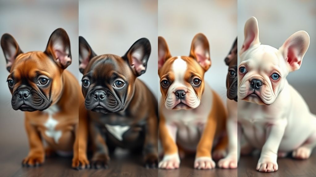 A grid of four French Bulldog puppies, each showcasing a standard color: brindle