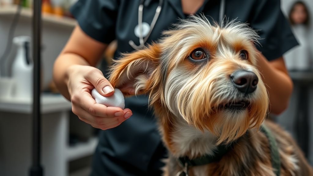 A groomer in a salon gently cleaning a dog's ear with a cotton pad, showing the