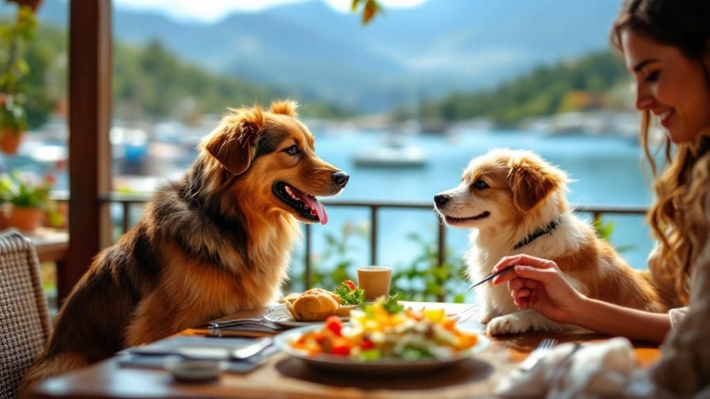 A happy dog and owner sharing a meal at a scenic waterfront restaurant table, wi