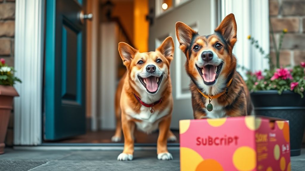 A happy dog excitedly greeting its owner at the front door, with a vibrant subsc