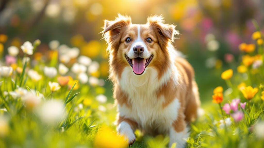A happy dog with a well-groomed coat playing in a sunny, blooming spring garden,