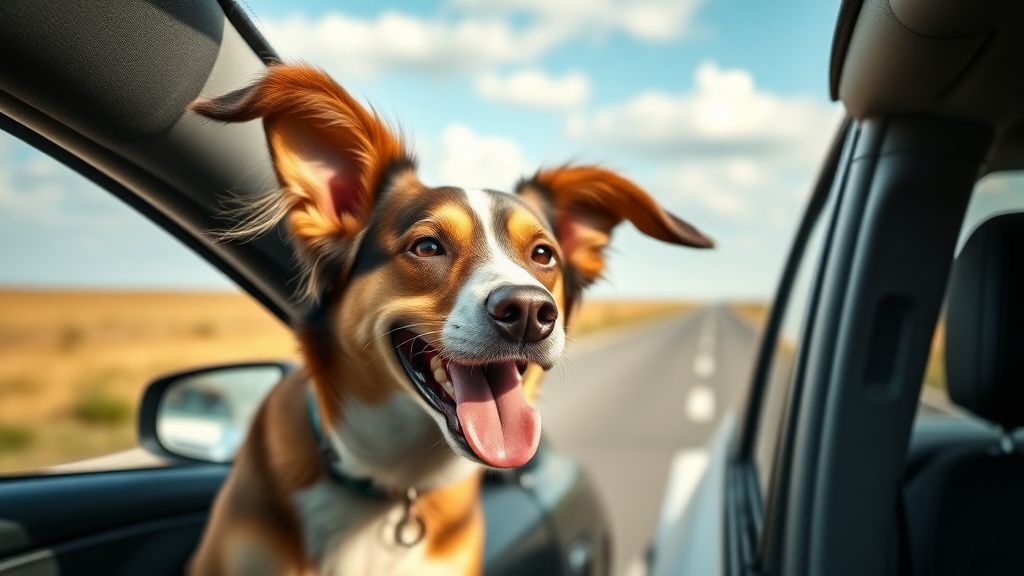 A happy dog with its head out of a car window, ears flapping in the wind, on a s