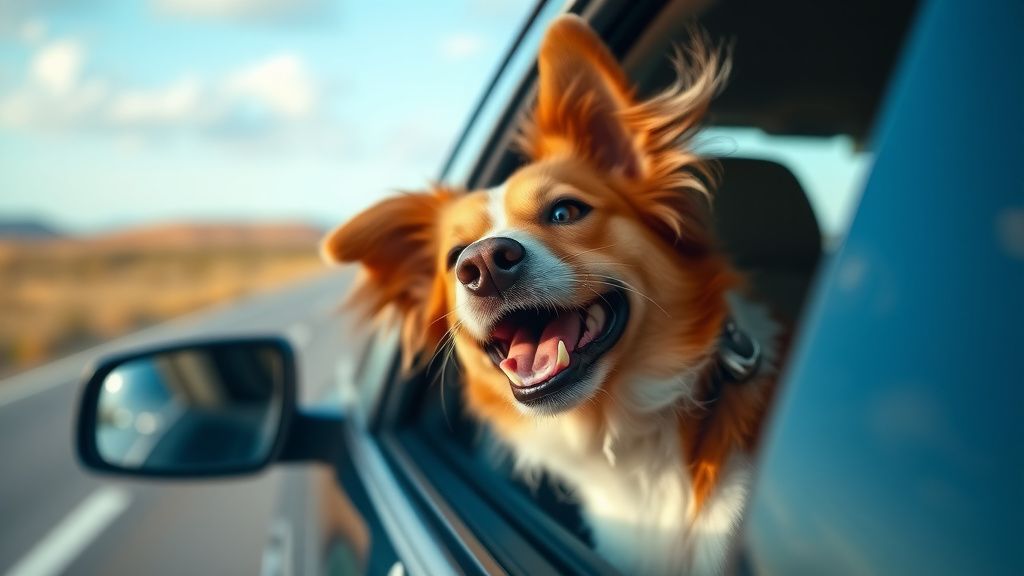 A happy dog with its head out the car window, ears blowing in the wind, on a sce