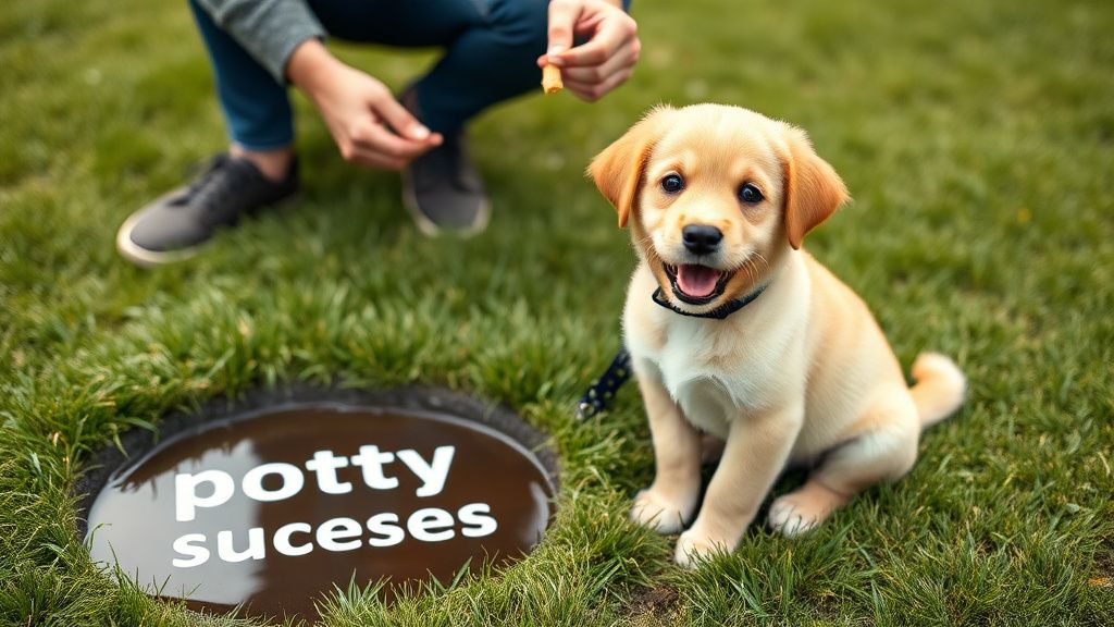 A happy puppy sitting on grass next to a clear 'potty success' puddle, with an o
