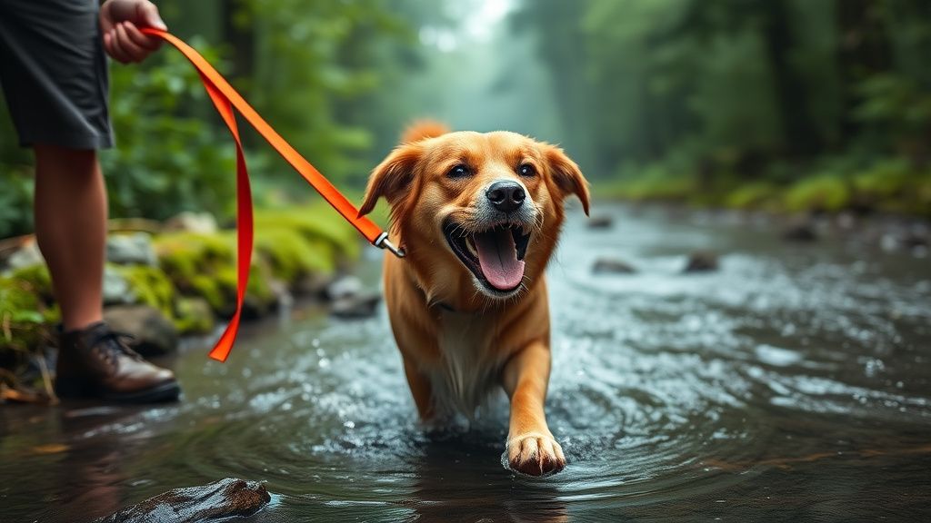 A happy, wet dog shaking off water after a creek crossing, with a vibrant Biotha