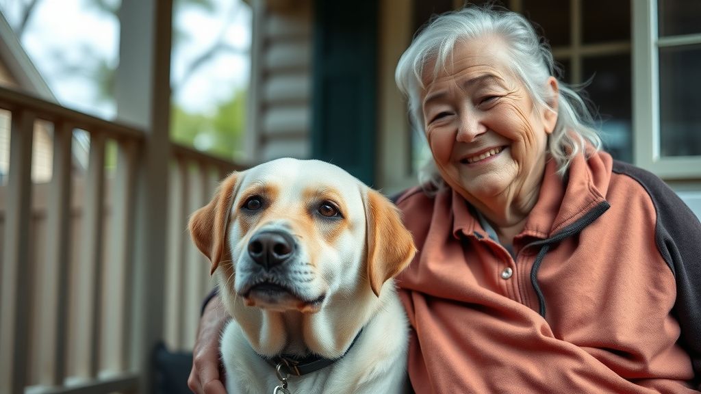A heartwarming photo of an elderly person with their senior dog, both looking co