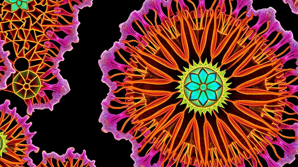 A highly magnified, colorful scanning electron microscope (SEM) image showing th