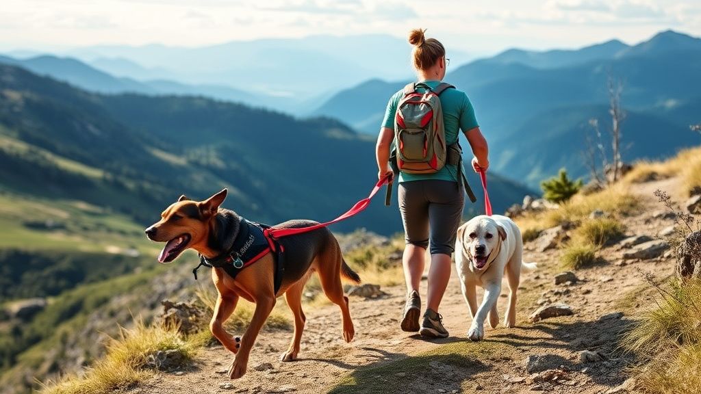 A hiker on a scenic mountain trail, wearing a waist leash system with a bungee s