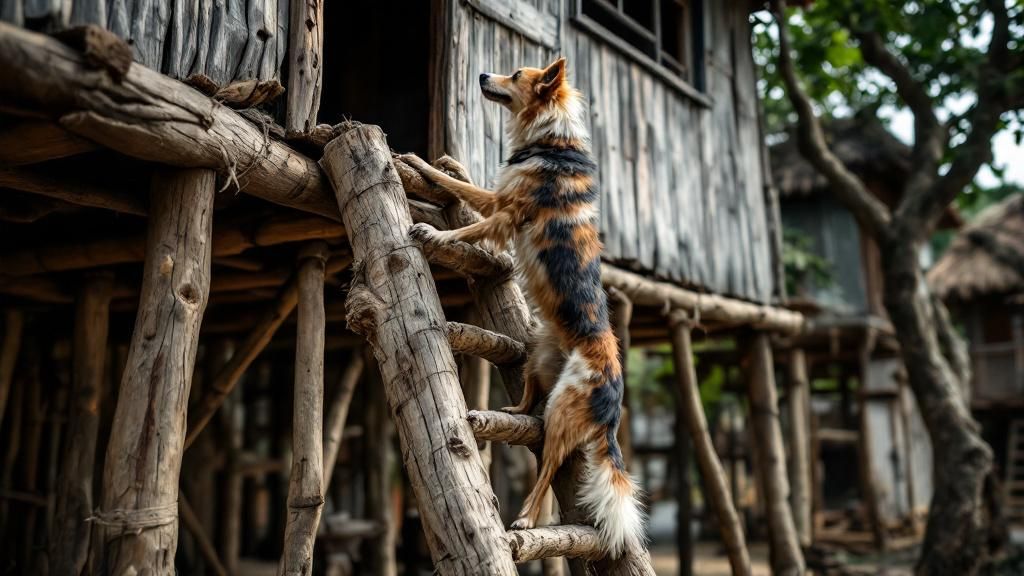 A historical or reenactment photo showing a Telomian dog climbing a notched log 