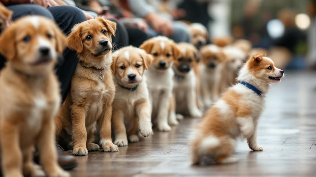 A humorous photo from a low angle, looking down a row of well-behaved puppies si