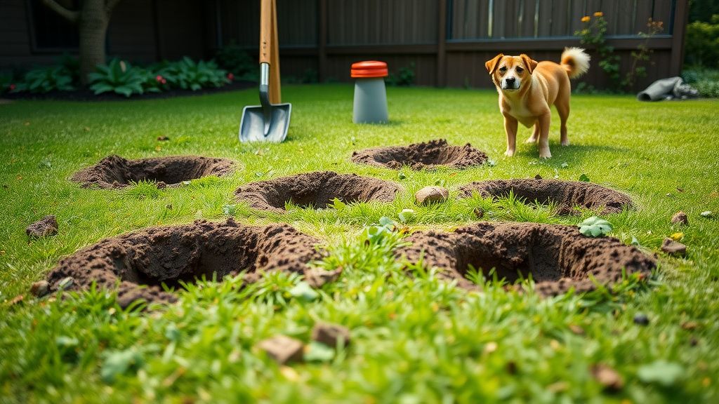 A humorous photo of a backyard with several large, fresh holes dug in the grass,