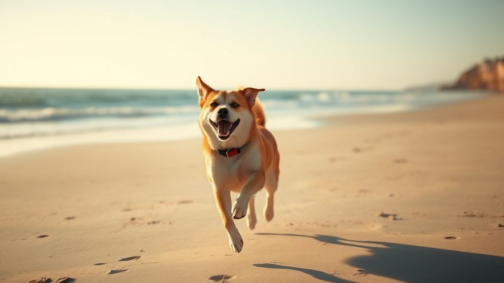 A joyful dog running freely on a sunny, wide beach with ocean waves in the backg
