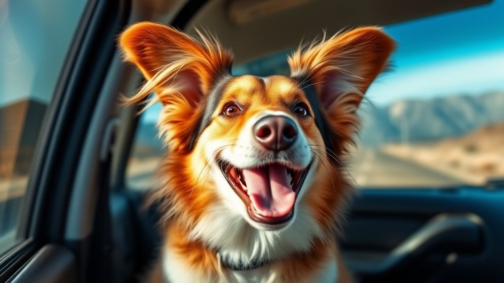 A joyful dog with its head out the car window, ears flapping in the wind, with s