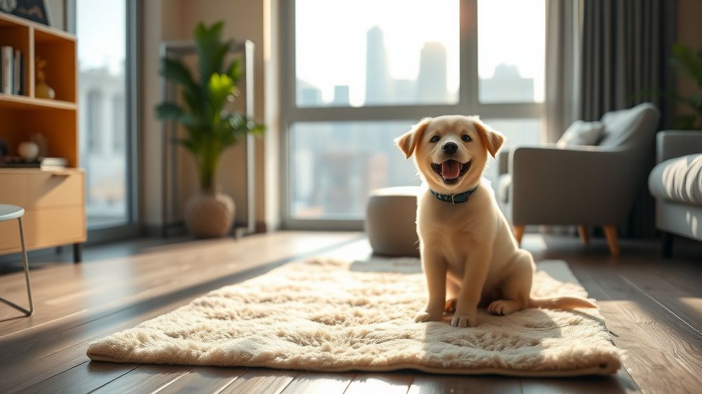 A joyful puppy sitting on a cozy rug in a modern, sunlit apartment with city sky
