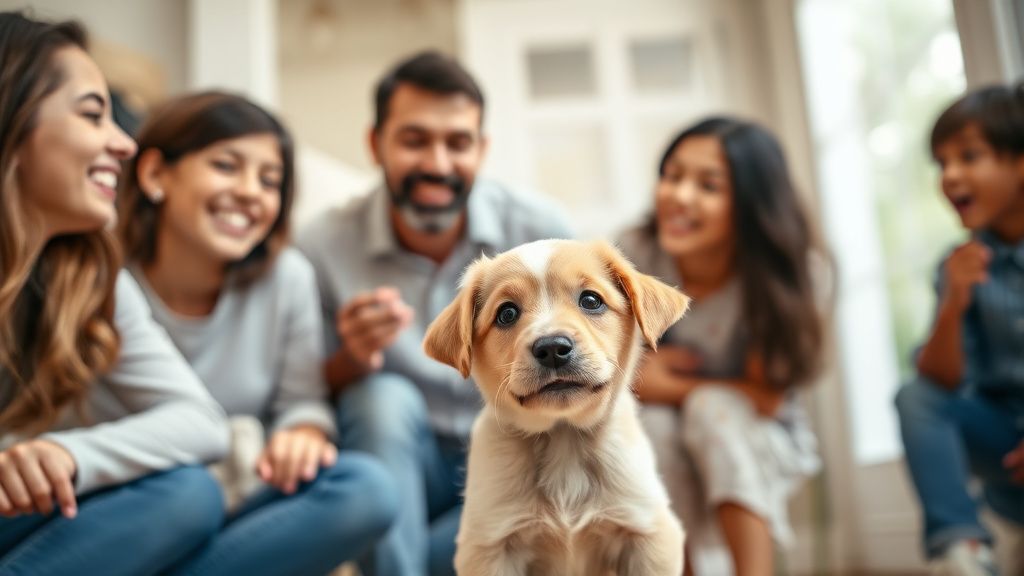A joyful, slightly chaotic photo of a family welcoming a new puppy into their ho