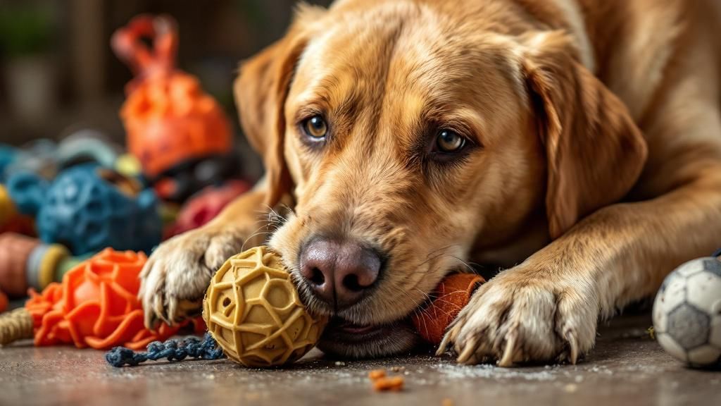 A Labrador Retriever intensely gnawing on a durable, heavy-duty rubber toy, with
