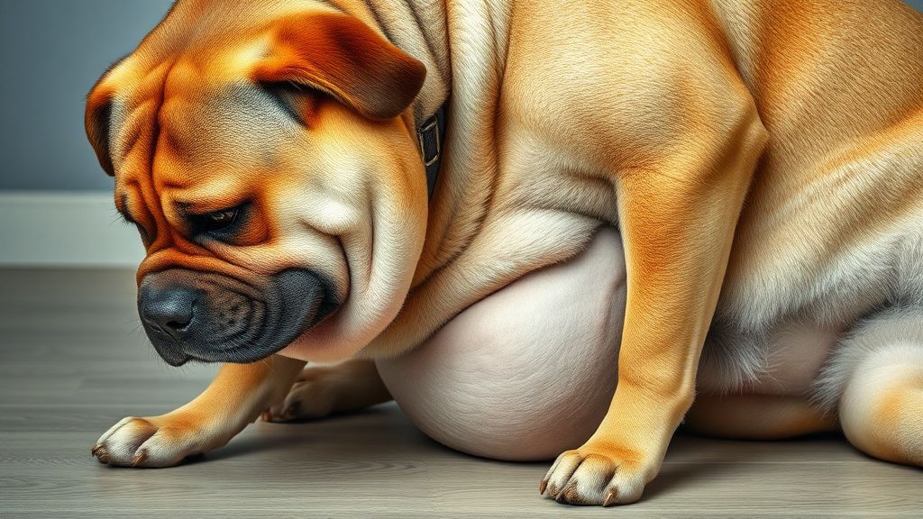 A large-breed dog in distress, with a visibly swollen and tense abdomen, looking