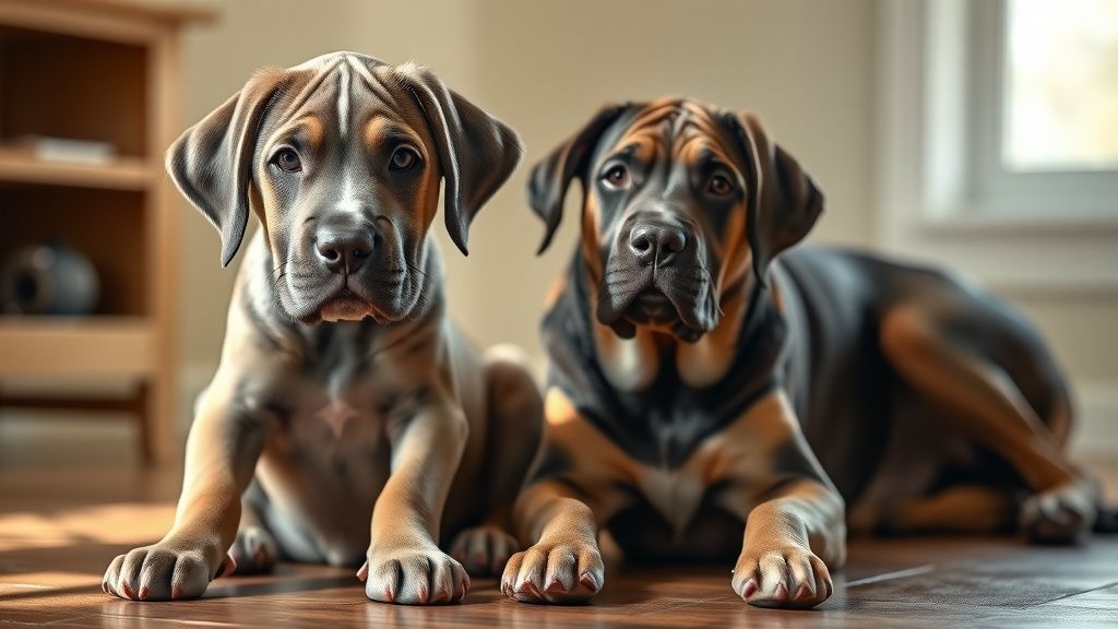 A large, gentle giant breed puppy (like a Great Dane or Mastiff) sitting calmly 