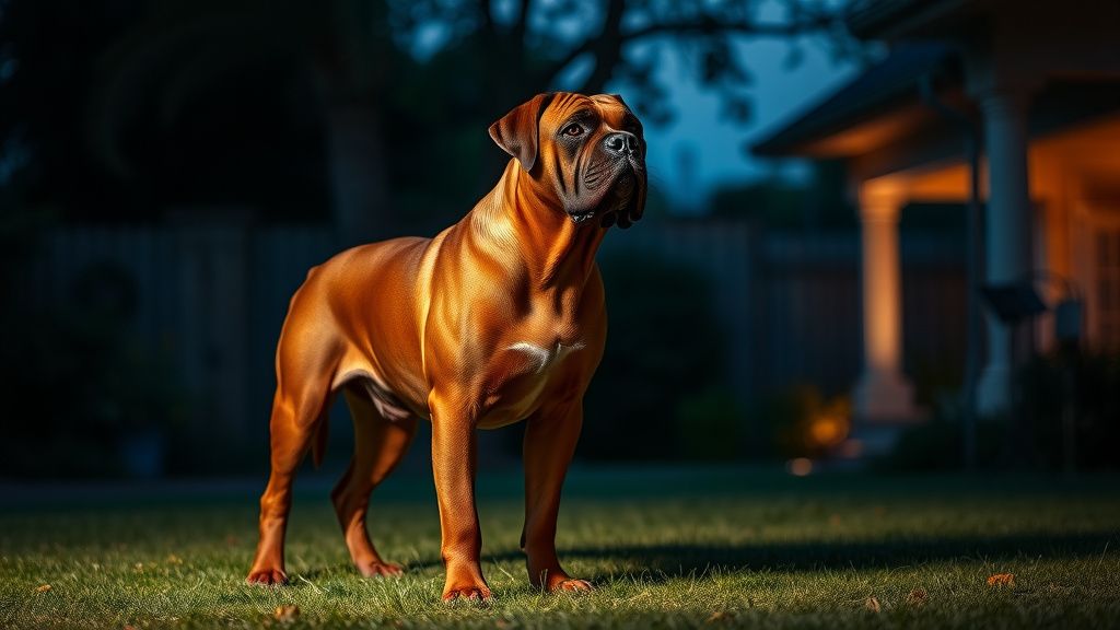 A large, powerful Bullmastiff standing alert and vigilant in a dimly lit estate 