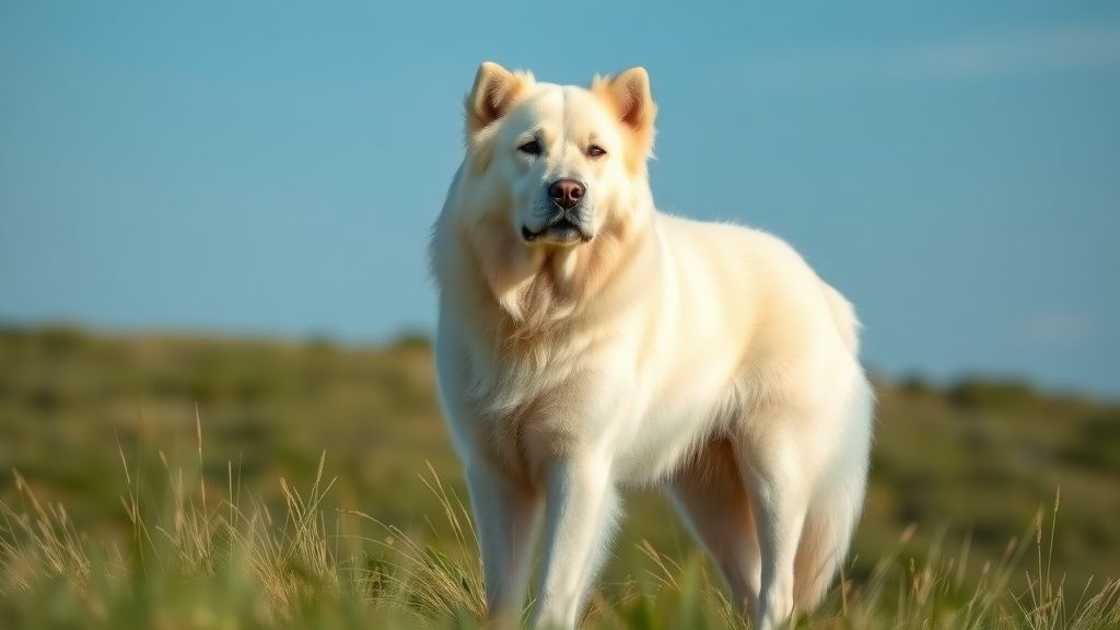 A majestic Great Pyrenees dog standing calmly in a grassy field, its thick white