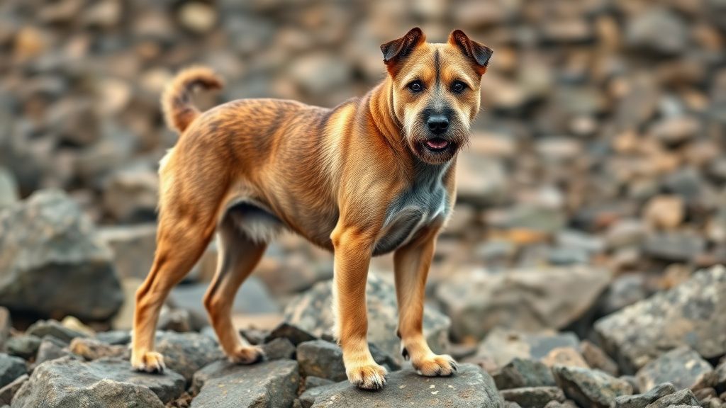 A muscular Glen of Imaal Terrier standing on rocky terrain, highlighting its stu