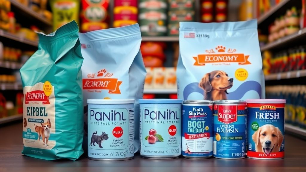 A neatly arranged comparison of dog food bags and cans, ranging from economy kib