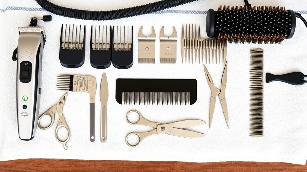 A neatly arranged flat-lay of essential grooming tools: a professional clipper, 