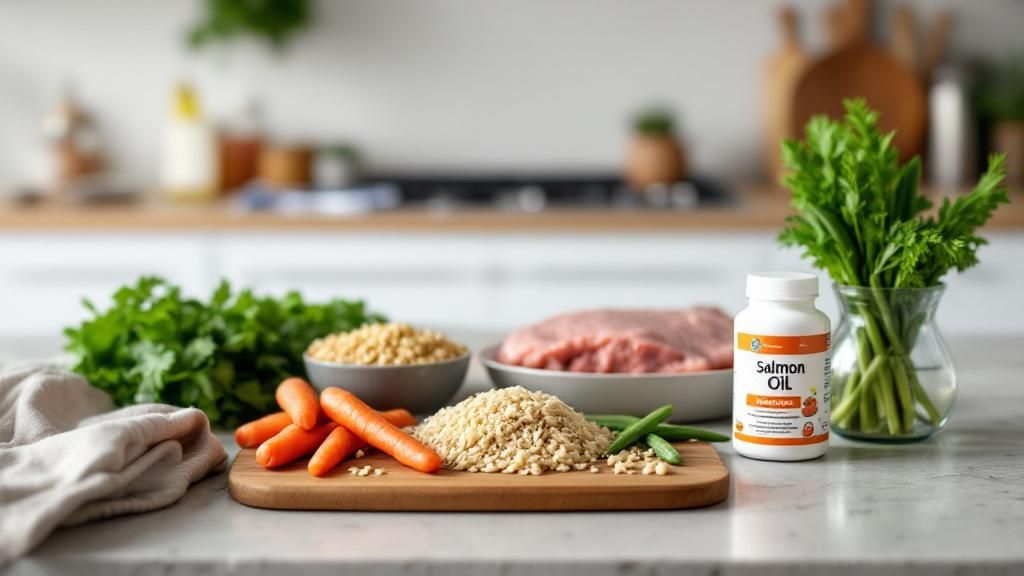 A neatly arranged kitchen countertop with all the recipe ingredients laid out: r