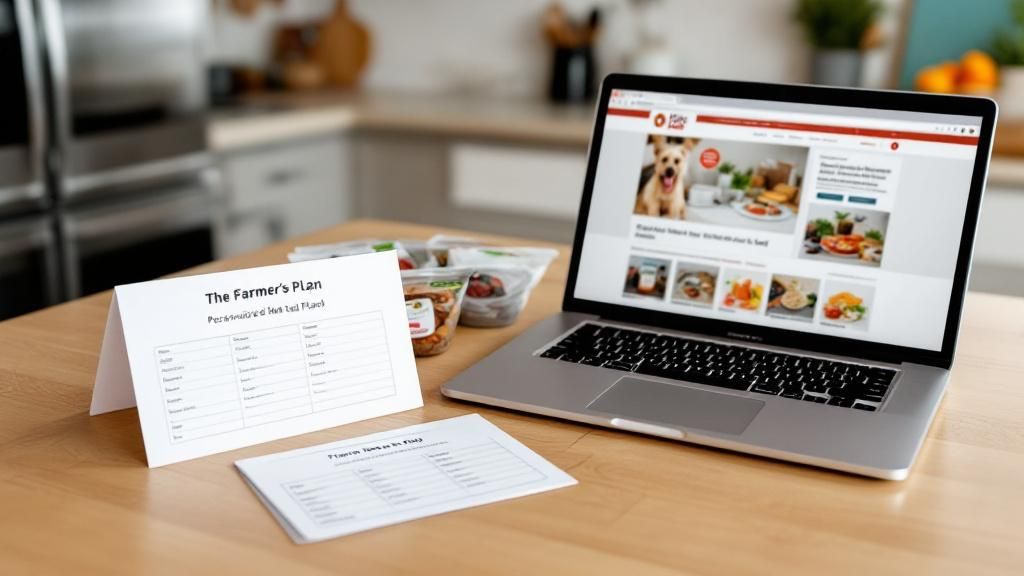 A neatly organized kitchen counter showing a personalized meal plan card, a lapt