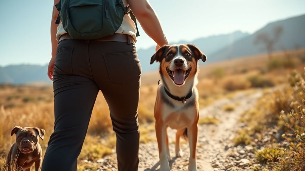 A person and a happy dog walking side-by-side on a sunlit trail, with open field