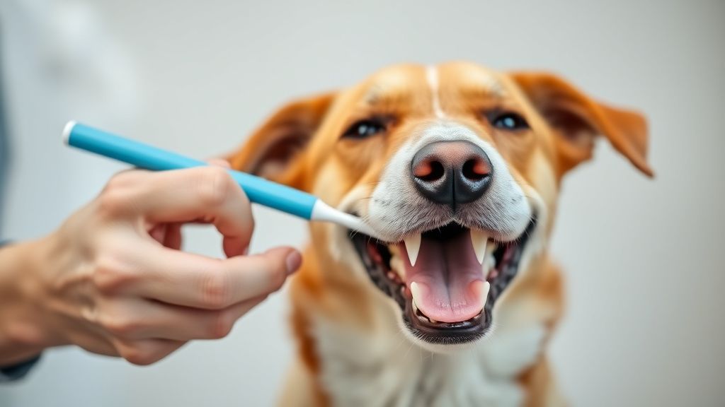 A person happily brushing their cooperative dog's teeth with a pet toothbrush, s
