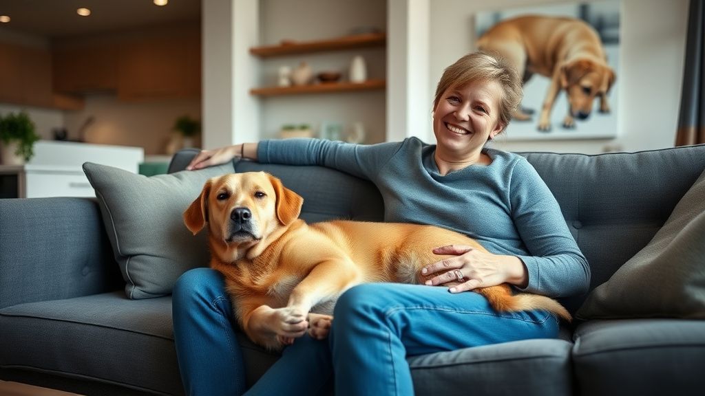 A person happily sitting on a sofa in a modern apartment with a calm, medium-siz