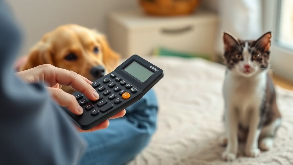 A person holding a calculator, looking at a chart showing pet insurance cost ave