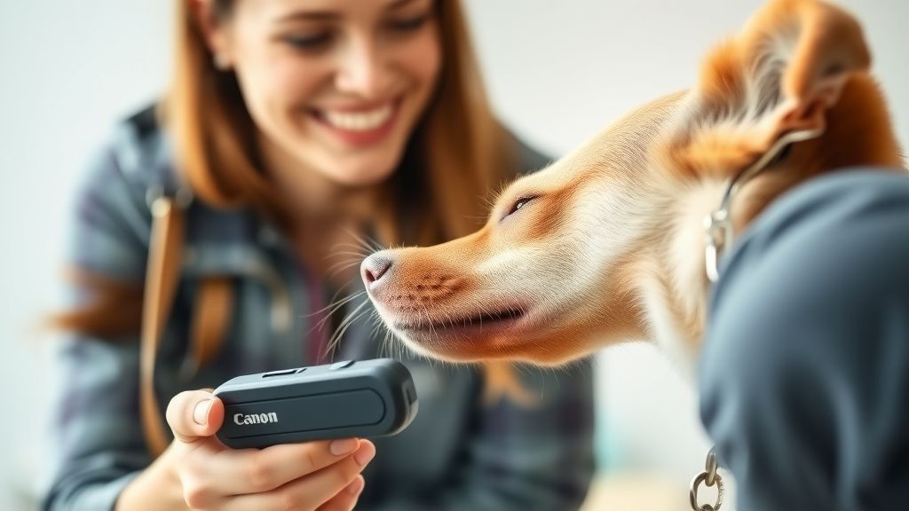 A person holding a clicker, smiling at their attentive dog, with a clear, bright
