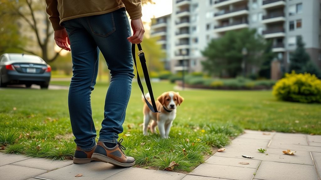 A person holding a leash, guiding a small puppy towards a designated grassy pott