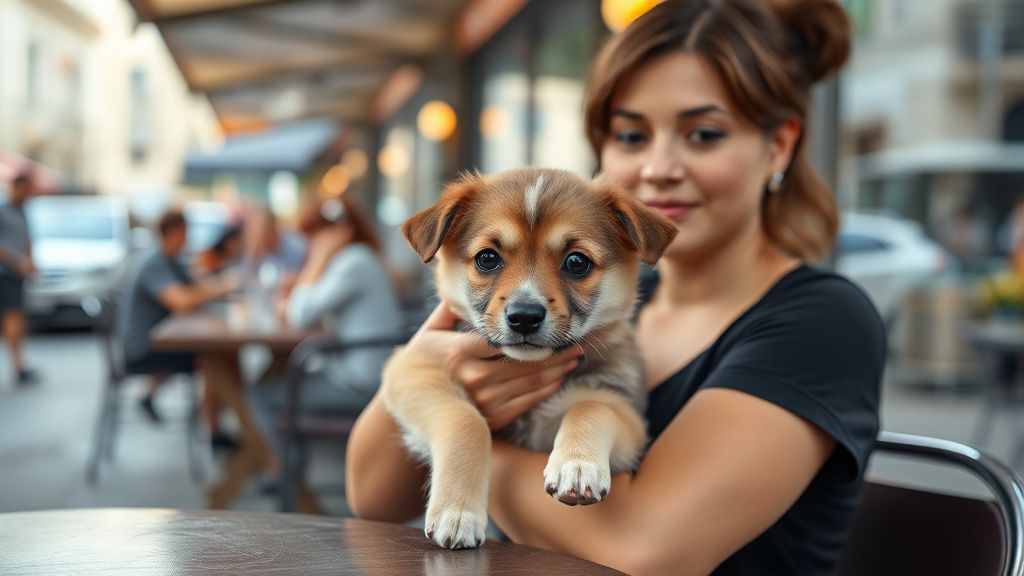 A person holding a small puppy in their arms while sitting at an outdoor cafe ta