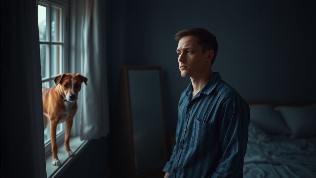 A person in pajamas looking tired, standing in a dark bedroom, with a dog alert 