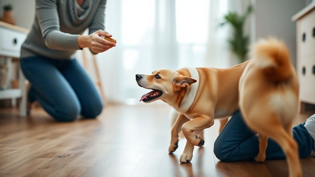 A person kneeling on the floor indoors, holding a high-value treat, with a dog e